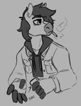 anthro cigarette clothed clothing fur hair holding_object lighter male multicolored_body multicolored_fur simple_background solo two_tone_body two_tone_fur hijackerdraws harrison_maker equid equine horse mammal monochrome