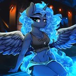 anthro anthrofied blue_body blue_feathers blue_fur blue_hair bottomwear breasts cleavage clothed clothing ethereal_hair feathered_wings feathers female fur hair horn midriff navel shirt shorts solo spread_wings topwear unicorn_horn wide_hips wings kennzeichen friendship_is_magic hasbro my_little_pony mythology princess_luna_(mlp) equid equine mammal mythological_creature mythological_equine winged_unicorn 1:1 hi_res