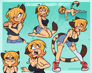 anthro bell bell_collar blonde_hair blue_eyes bottomwear breasts burger clothed clothing collar collarbone crop_top denim denim_bottomwear denim_clothing denim_shorts eyebrows eyelashes feet female food footwear fur hair hands_on_legs hands_on_thighs kneeling leaning leaning_forward lying markings midriff mole_(marking) mole_on_breast mole_under_eye nude off_shoulder on_front open_mouth raised_eyebrow shirt shoes shorts solo tan_body tan_fur topwear psicoyote cassandra_(psicoyote) domestic_cat felid feline felis mammal 2026 hi_res model_sheet