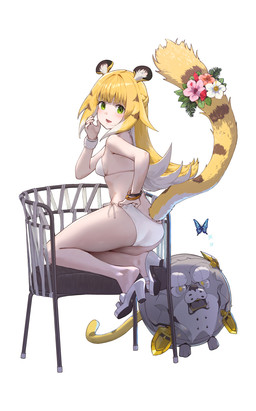 bikini blonde_hair blush bracelet breasts butt chair clothing eyebrows eyelashes feet female flower_accessory flower_on_tail footwear furniture green_eyes hair heelpop high_heels inner_ear_fluff jewelry kneeling loose_footwear open_mouth shoe_dangle shoes side-tie_bikini side_boob small_breasts solo string_bikini swimwear tuft two-piece_swimsuit white_bikini white_clothing white_swimwear hagoromo_urushi mihoyo zenless_zone_zero ju_fufu animal_humanoid felid felid_humanoid humanoid mammal mammal_humanoid pantherine pantherine_humanoid tiger_humanoid 2026 hi_res