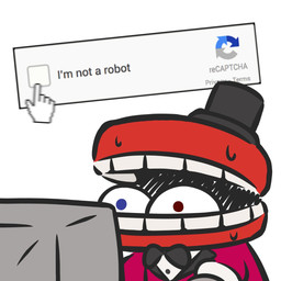 black_bow_tie blue_eyes bodily_fluids bow_tie clothing cursor electronics for_a_head hat headgear headwear heterochromia male monitor not_furry red_clothing red_eyes red_shirt red_topwear shirt simple_background solo sweat sweaty_face teeth text top_hat topwear white_background worried superappleman captcha glitch_productions the_amazing_digital_circus caine_(tadc) humanoid object_head tooth_creature 1:1 2026 digital_drawing_(artwork) digital_media_(artwork) english_text hi_res