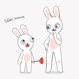 3_fingers ambiguous_anthro ambiguous_gender anthro arms_bent blue_eyes buckteeth duo eye_contact featureless_crotch featureless_legs finger_on_chin fingers holding_object holding_plunger larger_ambiguous larger_anthro left-handed lidded_eyes light long_ears looking_at_another mitten_hands multicolored_body no_eyebrows noseless nude_ambiguous nude_anthro open_mouth pink_tongue plunger simple_background size_difference smaller_ambiguous smaller_anthro standing straight_arms straight_legs tan_eyelids tan_inner_ear teeth text tongue two_tone_body white_background peypey_mei1925 rabbids_invasion_(series) raving_rabbids rayman_(series) ubisoft lagomorph mammal rabbid 1:1 2025 colored digital_drawing_(artwork) digital_media_(artwork) english_description english_text hi_res lighting shaded