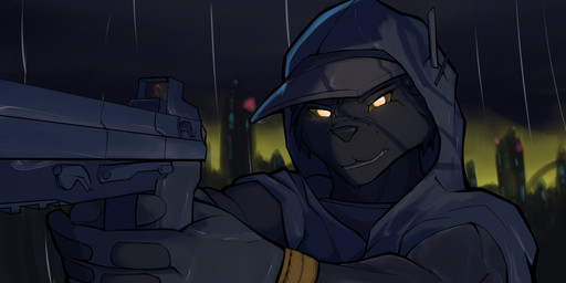 ambiguous_gender anthro cacey city city_background clothing cyberpunk geoffrey_cat gloves glowing glowing_eyes gun handwear hoodie melanistic raining ranged_weapon solo topwear weapon carrioncat felid jaguar mammal pantherine hi_res