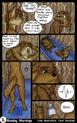 adolescent annoyed anthro bath bathroom bed bird's-eye_view blue_eyes blush brown_body brown_fur brown_hair butt covering covering_self dialogue duo ellipsis exclamation_point eyes_closed female fur furniture green_eyes hair high-angle_view inside interrobang looking_back male morning nude open_mouth question_mark rear_view shampoo shower sibling_incest surprised text water wet wide_eyed yelling young young_anthro black-kitten owlalope sebastien_(black-kitten) serah_(black-kitten) felid feline lynx mammal 2015 artist_collaboration comic english_text hi_res lol_comments multiple_scenes brother_(lore) brother_and_sister_(lore) incest_(lore) sibling_(lore) sister_(lore) twincest_(lore) twins_(lore)