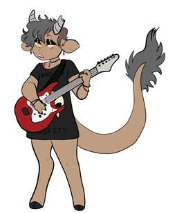 3_fingers alternative_fashion ambiguous_gender anthro big_tail biped bottomless bracelet broken_horn brown_body brown_fur chest_tuft choker claws clothed clothing cross ear_piercing electric_guitar fingers fur goth grey_hair grey_horn guitar hair holding_guitar holding_musical_instrument holding_object hooves horn inverted_cross jewelry looking_at_viewer musical_instrument necklace open_mouth orange_eyes piercing playing_guitar playing_music plucked_string_instrument shirt shirt_only simple_background solo standing string_instrument tail teeth text text_on_clothing text_on_shirt text_on_topwear topwear topwear_only tuft white_background manitka manitka_storm bovid bovine cattle mammal 2021 5:6 absurd_res digital_media_(artwork) english_text hi_res nonbinary_(lore)