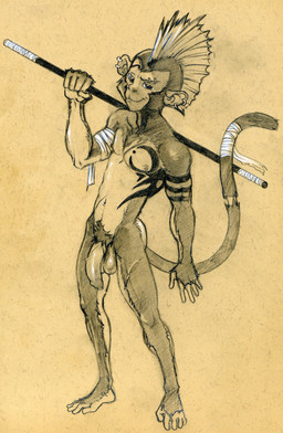 anthro arm_wraps athletic athletic_anthro athletic_male balls biped ear_piercing eyebrow_piercing facial_piercing feet flaccid foreskin genitals grin holding_object holding_weapon humanoid_genitalia humanoid_penis long_foreskin looking_at_viewer male mohawk multiple_piercings naughty_face nude penis piercing prehensile_feet pubes saggy_balls smile smirk solo staff standing tattoo toes unretracted_foreskin vein veiny_penis weapon wraps tush_(artist) mith_(furfit) haplorhine mammal monkey primate absurd_res graphite_(artwork) hi_res monochrome traditional_media_(artwork)