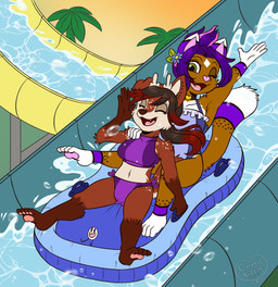 anthro bikini bikini_bottom black_hair black_nose brown_body brown_fur choker clothing dipstick_tail egg eyes_closed female fur green_eyes group hair heterochromia jewelry markings midriff navel necklace one-piece_swimsuit one_eye_closed open_mouth pink_nose purple_hair slide swimwear tail tail_markings tongue trio two-piece_swimsuit water_slide caramel-kitteh caramel_kitteh_(character) ellie_(sweetvixenellie) evil_egg canid canine deer domestic_cat felid feline felis fox hybrid mammal