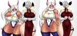 asian_clothing bat_wings big_breasts blonde_hair blush breasts chinese_clothing chinese_dress clothing dark_body dark_skin dress duo east_asian_clothing female female/female hair hand_on_butt leotard membrane_(anatomy) membranous_wings red_eyes thick_thighs white_hair wings yellow_eyes kyelyn_(artist) my_hero_academia mythology rumi_usagiyama ryuko_tatsuma animal_humanoid dragon humanoid lagomorph lagomorph_humanoid leporid leporid_humanoid mammal mammal_humanoid mythological_creature mythological_scalie rabbit_humanoid scalie absurd_res hi_res