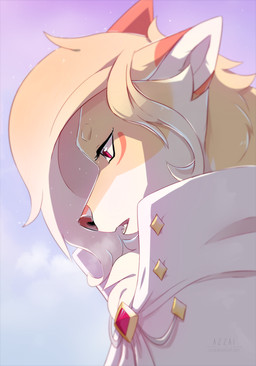 anthro blonde_hair breath cheek_tuft chest_tuft clothing eyelashes facial_tuft fangs female fur hair long_snout looking_down markings medium_hair open_mouth orange_markings outside pink_nose red_eyes side_view sky snout solo tan_body tan_fur teeth topwear tuft white_clothing white_topwear yellow_body yellow_fur azzai canid canine fox mammal 2017 colored digital_drawing_(artwork) digital_media_(artwork) shaded