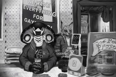 ambiguous_gender anthro breasts cleric clothed clothing detailed_background duo female fingers fur hair inside non-mammal_breasts sitting snake_hood store text leprzil laura_(leprzil) pan_(leprzil) cobra felid feline lynx mammal reptile scalie snake 2026 3:2 english_text hi_res monochrome
