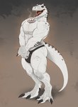 anthro balancing_object bulge claws clothing crossgender jockstrap male muscular muscular_anthro muscular_male open_mouth pec_squeeze pecs scales sharp_teeth solo spikes standing tail teeth toe_claws underwear white_body white_scales pig_(artist) jurassic_park jurassic_world universal_studios dinosaur indominus_rex prehistoric_species reptile scalie theropod 2023 hi_res