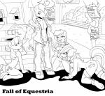 2014 abs absurd_res anthro anthrofied applejack_(mlp) ball_gag barn big_macintosh_(mlp) black_and_white bridle cheerilee_(mlp) chewing chewing_grass clothing collar cuff_(restraint) cutie_mark earth_pony english_text equid equine fall_of_equestria female fence friendship_is_magic gag genitals group hasbro hi_res horse kneeling male mammal monochrome muscular my_little_pony nude object_in_mouth outside plant pony pussy restraints rose_(mlp) shackles slashysmiley slave text tree well wheat
