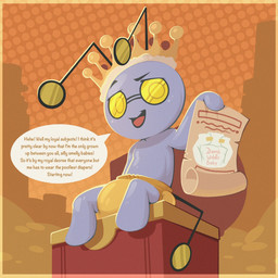 ambiguous_gender antennae_(anatomy) anthro black_antennae black_tail border chest_(container) clean_diaper clothed clothing crown dialogue diaper dotted_background drawing_(object) featureless_feet featureless_hands feet glistening_diaper grey_body headgear holding_object holding_paper looking_at_viewer narrowed_eyes noseless open_mouth open_smile orange_border paper pattern_background simple_background sitting smile smug solo speech_bubble tail text three-quarter_view wearing_diaper yellow_diaper yellow_eyes bubblepuppers nintendo pokemon king_rocky generation_9_pokemon gimmighoul gimmighoul_(roaming_form) pokemon_(species) 1:1 english_text full-length_portrait hi_res portrait