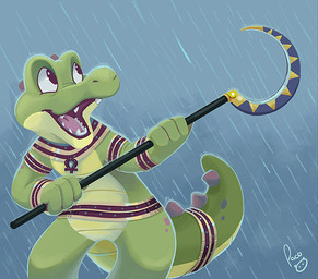 anthro featureless_crotch front_view glistening glistening_eyes green_body holding_object logo male nude open_mouth open_smile raining red_tongue smile solo standing teeth tongue yellow_body young young_anthro young_male pandapaco crocodile crocodilian reptile scalie artist_logo signature