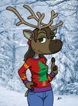 3_fingers anthro antlers blue_bottomwear blue_clothing blue_jeans blue_pants bottomwear brown_body brown_countershading brown_eyes brown_fur brown_hair christmas_clothing christmas_sweater christmas_topwear clothed clothing countershade_fur countershading denim denim_bottomwear denim_clothing ear_piercing ear_ring eyebrows eyeshadow female finger_gun fingers fur gesture green_eyeshadow hair half-closed_eyes hand_gesture hand_on_hip holidays hooved_fingers hooves horn jeans long_hair looking_at_viewer makeup multicolored_body multicolored_fur narrowed_eyes outside pants photo_background piercing pointing pointing_at_viewer raised_eyebrow ring_piercing smile solo standing sweater toony topwear two_tone_body two_tone_fur zigmenthotep christmas deer mammal new_world_deer reindeer 2021 cel_shading digital_drawing_(artwork) digital_media_(artwork) photography_(artwork) shaded signature