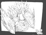 beak duo face_on_chest feathers female feral fluffy fluffy_tail kneeling male male/female simple_background tail tail_feathers white_background ledove cygames dragalia_lost mythology nintendo euden roc_(dragalia_lost) avian dragon feathered_dragon feathered_scalie human mammal mythological_creature mythological_scalie scalie 2021 black_and_white hi_res monochrome multiple_images