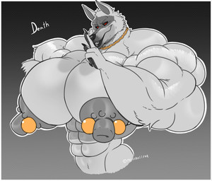 abs anthro biceps big_moobs big_muscles big_nipples big_pecs chain_necklace claws erect_nipples facial_markings fur fuzzy gold_(metal) gold_jewelry grey_body grey_fur grey_nipples half-closed_eyes head_markings huge_moobs huge_muscles huge_nipples huge_pecs hyper hyper_biceps hyper_moobs hyper_muscles hyper_nipples hyper_pecs jewelry looking_at_viewer male markings mask_(marking) moobs muscular muscular_anthro muscular_male narrowed_eyes necklace nipple_piercing nipples nude pecs piercing red_eyes shush small_waist smile snout solo standing teeth text rhynobullraq dreamworks puss_in_boots_(franchise) shrek_(series) death_(puss_in_boots) canid canine canis mammal wolf 2025 hi_res signature