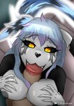 anthro areola black_body breast_play breasts duo fellatio female feral genitals grey_areola grey_body hair looking_at_viewer male male/female oral penile penis sex titfuck yellow_eyes mihukoro yureon canid ghost mammal spirit