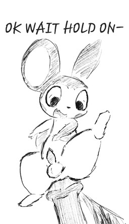 animal_genitalia animal_penis dialogue disembodied_penis duo equine_genitalia equine_penis feral genitals it'll_never_fit male male/male nervous penis pressing_against raised_leg size_difference tapering_penis text muzzzzz nintendo pokemon emolga generation_5_pokemon pokemon_(species) 2025 english_text monochrome sketch