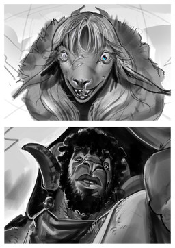 anthro blue_eyes bodily_fluids chest_tuft cloak close-up clothed clothing curled_horn curly_hair duo facial_hair facial_scar fantasy hair horn larger_male long_hair male muscular muscular_anthro muscular_male scar size_difference snot topless topless_male tuft tufted_fur winter winter_clothing winter_coat purplebirdman roshim_(purplebirdman) bovid caprine goat mammal sheep 2026 black_and_white colored colored_sketch detailed digital_drawing_(artwork) digital_media_(artwork) hi_res monochrome shaded sketch