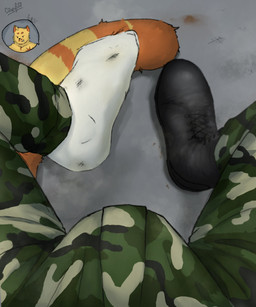 anthro boots bottomwear bulge camo camo_bottomwear camo_clothing camo_pants camo_print clothing combat_boots dirty dirty_clothing dirty_socks first_person_view footwear fur grey_background male orange_body orange_fur pants pattern_bottomwear pattern_clothing pattern_pants shoes simple_background sitting socks solo tail white_clothing white_footwear white_socks yellow_body yellow_fur crispyfox domestic_cat felid feline felis mammal digital_drawing_(artwork) digital_media_(artwork) digital_painting_(artwork) hi_res painting_(artwork)
