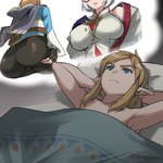 bed bed_sheet bedding blonde_hair blue_eyes breasts butt ear_piercing ear_ring fantasizing female furniture group hair humanoid_pointy_ears male not_furry piercing pillow pointy_ears ring_piercing simple_background thought_bubble trio monbetsu_kuniharu nintendo the_legend_of_zelda link princess_zelda purah elf humanoid hylian 1:1 2024 signature