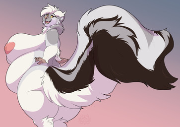 5_fingers alternate_species anthro areola band-aid band-aid_on_face band-aid_on_nose bandage bandage_on_face bandage_on_nose belly big_belly big_breasts big_tail black_body black_fur breasts butt butt_pose eyeliner female female_anthro fingers fur gradient_background grey_body grey_fur hair heart_areola heart_nipples huge_breasts huge_tail logo makeup nipples nude nude_anthro nude_female open_mouth overweight overweight_anthro overweight_female pink_areola pink_nipples pose rear_view red_eyes simple_background skunk_tail solo tail teeth thick_thighs tongue white_body white_fur white_hair wide_hips yellow_sclera thatfat_cat skunktember joy_(shammy) mammal mephitid skunk 2025 artist_logo colored digital_drawing_(artwork) digital_media_(artwork) hi_res portrait shaded three-quarter_portrait