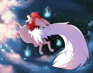 bangs big_tail cloud cloudy_sky eyelashes feathered_wings feathers female feral fur hair long_ears long_hair long_tail multicolored_body multicolored_fur nude open_mouth open_smile orange_body orange_fur pawpads red_hair sky smile solo star starry_sky tail tan_body tan_fur white_pawpads white_tail white_wings wings yellow_eyes azzai canid canine fennec_fox fox mammal true_fox 2017 colored digital_drawing_(artwork) digital_media_(artwork) shaded