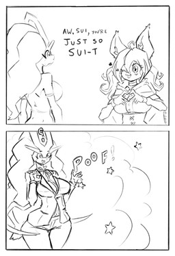 anthro bottomwear breasts clothed clothing comic_panel dialogue duo ear_tuft female fingers gesture hair head_crest heart_symbol humor long_hair looking_at_another magic messy_hair name_in_dialogue onomatopoeia open_mouth pants poof poof_effect pun question_mark ribbons_(anatomy) shawl shirt smoke sound_effects star suit surprised t-shirt text three-quarter_view topwear tuft wide_eyed winking_at_another snoutless hasbro my_little_pony nintendo pokemon ryusui_(snoutless) shil_(snoutless) bat_pony equid generation_2_pokemon legendary_pokemon mammal pokemon_(species) suicune 2025 absurd_res comic digital_drawing_(artwork) digital_media_(artwork) english_text hi_res monochrome sketch