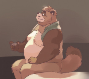 anthro belly big_belly brown_body brown_fur fur kemono male moobs nipples overweight overweight_male sitting solo garouzuki crave_saga pong_(crave_saga) canid canine mammal raccoon_dog tanuki 2026 hi_res