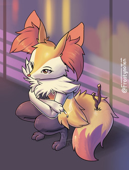 cigarette crossed_arms crouching holding_cigarette holding_object smoking solo thinking thoughtful_expression frostynoten nintendo pokemon braixen generation_6_pokemon pokemon_(species) hi_res