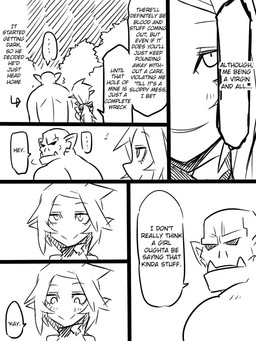 dialogue duo female humor male not_furry text jin_(mugenjin) elfxorc elf humanoid orc 3:4 comic english_text monochrome