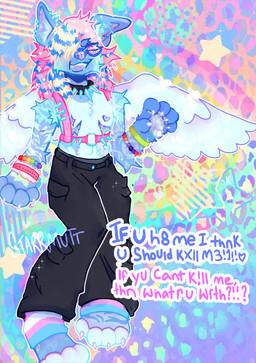 ambiguous_gender anthro beaded_jewelry beads belly_nipples blue_body blue_fur bottomwear cargo_pants clothed clothing collar exaggerated_mastectomy_scar eyewear fur glasses hair harness jewelry kandi_(jewelry) leetspeak leg_warmers legwear lgbt_pride lyrics mastectomy_scar multiple_piercings pants piercing pink_hair pink_harness pride_colors raccoon_tail_hair scar self-harm_scars solo sparklefur spiked_collar spikes topless transgender_pride_colors wings starrmutt 4lung angel_(starrmutt) aardwolf hyena mammal absurd_res hi_res nonbinary_(lore) trans_(lore)