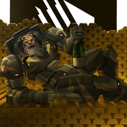anthro armor bottle champagne_bottle clothing container fur gauntlets gloves gold_bars handwear holding_bottle holding_container holding_object looking_at_viewer lying machine male markings on_side open_mouth orange_body orange_fur power_armor sitting smile solo spaulder striped_body striped_fur striped_markings stripes vambrace warehouse yellow_eyes saberzelgrath felid mammal pantherine tiger 1:1 2025 absurd_res hi_res