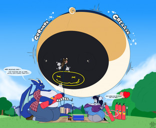 5_fingers air_inflation air_tank anthro bedding belly big_breasts black_hair black_nose blanket blue_body blue_eyebrows bottle bottomwear breasts brown_hair building cleavage clothed clothing cloud container cooler day eyebrow_piercing eyebrows facial_piercing female fingers floating fur grass grey_body grey_fur group hair holidays horn hose hose_inflation inflation kneeling male multicolored_body multicolored_fur outside overalls overweight overweight_anthro overweight_female pants piercing pink_nose plant shirt tail tan_body tan_fur tan_horn teal_wings text thick_thighs topwear tree trio wings yellow_eyes day-tripper-guy mythology valentine's_day blue_(day-tripper-guy) isaac_(day-tripper-guy) jackeline_(day-tripper-guy) canid canine canis domestic_dog dragon mammal mouse murid murine mythological_creature mythological_scalie rodent scalie 2026 english_text hi_res