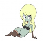 armwear blonde_hair blush bra clothing ear_piercing elbow_gloves eyeshadow female gloves hair handwear jewelry lace legwear lipstick makeup not_furry panties piercing pose simple_background slightly_chubby solo stockings thick_thighs thigh_highs underwear white_background unknown_artist american_dad roger_smith alien alien_humanoid humanoid roswell_grey pinup