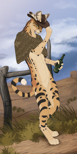 anthro barbed_wire bottle clothing container fence fencepost green_eyes hat headgear headwear male poncho savanna sexy_eyes solo tail skullsbesan kalshan_(purrma) felid feline mammal serval 2025 absurd_res hi_res