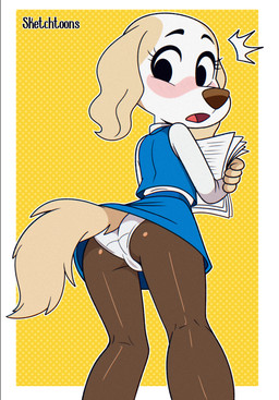anthro blush butt camel_toe clothed clothing dress embarrassed female leggings legwear open_mouth panties paper slim solo standing tail tail_under_skirt tail_upskirt thigh_gap underwear upskirt white_body stresstoon aggretsuko sanrio inui_(aggretsuko) canid canine canis domestic_dog mammal 2026 hi_res