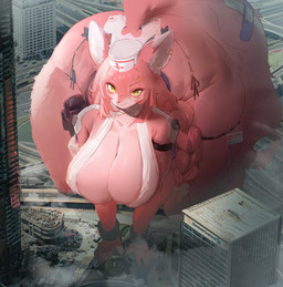 all_fours anthro areola areola_slip big_breasts big_butt biped braided_hair breasts butt city city_background clothed clothing detailed_background eyelashes female female_anthro hair headgear high-angle_view looking_at_viewer macro macro_anthro macro_female nurse_clothing outside panties pupils solo underwear utterangle haze_reverb mizo_(haze_reverb) canid canine fox mammal red_fox true_fox colored hi_res shaded