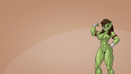 abs areola bandage biceps breasts brown_hair ear_piercing eyelashes female genitals green_body green_eyes green_skin hair humanoid_pointy_ears long_hair looking_at_viewer mohawk muscular muscular_female muscular_humanoid navel nipple_piercing nipples not_furry nude piercing pointy_ears simple_background smile solo standing teeth vulva limebreaker blizzard_entertainment warcraft lokreta humanoid orc 16:9 2017 digital_media_(artwork) hi_res wallpaper widescreen