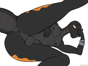 anthro anus balls black_body black_scales bracelet butt circumcised circumcision_scar countershade_neck countershade_torso countershading genital_scar genitals head_on_hands humanoid_genitalia humanoid_penis jewelry looking_at_viewer lying male markings navel nipples no_irises non-mammal_balls non-mammal_navel non-mammal_nipples nude nude_anthro nude_male on_side orange_markings penis presenting presenting_anus presenting_hindquarters raised_leg scales scar scarification silver_bracelet slim slim_anthro slim_male solo spread_legs spreading tail scribefang usman_(scribefang) agamid lizard mastigure reptile scalie 2026 4:3 digital_drawing_(artwork) digital_media_(artwork) flat_colors hi_res signature