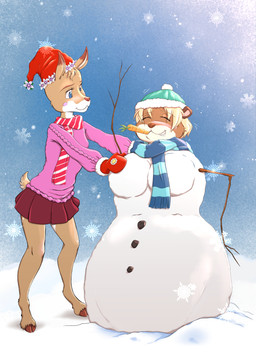 anthro biped black_bottomwear black_clothing black_markings black_nose black_skirt blonde_hair blue_eyes bottomwear brown_body brown_fur carrot carrot_in_mouth christmas_clothing christmas_headwear clothed clothing cloven_hooves countershade_face countershade_fur countershading dipstick_ears duo ear_markings eyebrows female food fur hair handwear hat headgear headwear holidays hooves looking_at_another markings mittens mouth_hold multicolored_body multicolored_ears outside pink_clothing pink_sweater pink_topwear plant santa_hat scarf scut_tail short_hair short_tail skirt snow snowman sweater tail teeth topwear two_tone_body unguligrade vegetable white_body white_countershading white_fur winter young young_anthro young_female risingdragon christmas evvy_(babysteps) nisha_(babysteps) deer mammal mustelid new_world_deer otter white-tailed_deer 2025 absurd_res hi_res