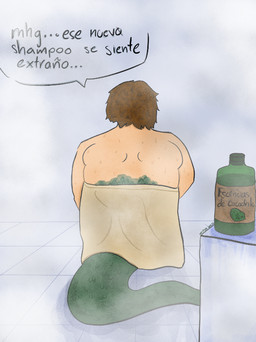 accidental_transformation anthro bathroom brown_hair green_body hair male scales shampoo shampoo_bottle solo tail text transformation transformation_by_substance unaware_transformation verbal_reaction_to_tf destinywildmoor crocodile crocodilian human humanoid mammal reptile scalie spanish_text
