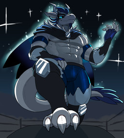 3_toes 5_fingers abs anthro blue_eyes cape claws clothing costume dominant dominant_anthro dominant_male dragon_tail feet fighting_ring finger_claws fingerless_gloves fingers gloves glowing glowing_eyes handwear horn male mask muscular muscular_anthro muscular_male pose simple_background sky smile solo sports_mask sportswear standing_over standing_over_viewer star starry_sky toe_claws toes white_body wrestler wrestler_costume wrestling wrestling_mask 60percentscalie mythology dragon mythological_creature mythological_scalie scalie hi_res