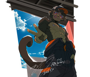 abs anthro clothed clothing gesture hand_gesture low-angle_view male muscular muscular_male pecs solo tongue tongue_out topless v_sign akiratakashima hino_arashi haplorhine mammal monkey primate hi_res