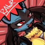 1:1 anthro blue_body blue_fur blush breasts canid canine digital_media_(artwork) female fur generation_4_pokemon lucario lumineko mammal nintendo pokemon pokemon_(species) rawr solo