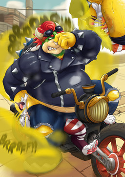 anthro ass_in_face big_butt bodily_fluids body_hair butt chest_hair chest_tuft clothing dominant dominant_male duo eyewear facesitting fart fart_cloud fart_fetish farting_on_another farting_on_face goggles hair holding_nose horn jacket leather leather_clothing leather_jacket leather_topwear male male_farting motorcycle musclegut muscular muscular_arms red_eyes red_hair sitting_on_another sweat topwear tuft vehicle yellow_body laught468 mario_bros mario_kart nintendo bowser dragon_koopa koopa reptile scalie turtle hi_res