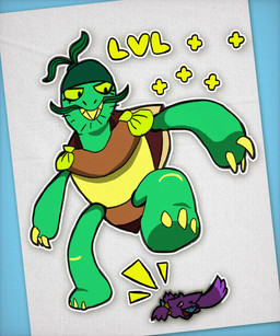 after_transformation ambiguous/ambiguous ambiguous_gender anthro beak blue_beak blue_talons bottomless bottomless_anthro brown_shell claws clothed clothing crush duo empty_eyes extreme_size_difference eyeshadow facial_hair feathers feet foot_fetish gameplay_mechanics green_body green_scales headgear headgear_only headkerchief headkerchief_only headwear headwear_only kerchief kerchief_only level_up looking_down looking_down_at_partner macro makeup micro mostly_nude mustache one_eye_closed orange_clothing orange_shirt orange_topwear pirate plus_symbol purple_body purple_feathers scales seashell seaweed seaweed_hair shell shirt size_difference sleeveless_shirt stomping stubble tail tail_feathers talons text toes toothy_grin topwear underfoot winged_arms wings yellow_claws yellow_sclera yellow_text yellow_underbelly waso_mu worvid_(waso_mu) avian beastie_(species) bird corvid corvus_(genus) crow oscine passerine reptile scalie turtaneer turtle 5:6 absurd_res colored english_text handwritten_text hi_res shaded nonbinary_(lore)