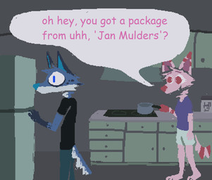 anthro appliance black_clothing black_shirt black_t-shirt black_topwear blue_body blue_bottomwear blue_clothing blue_fur blue_nose blue_pants bottomwear clothing detailed_background dialogue duo female fridge fur kitchen kitchen_appliance male open_mouth open_smile pants pink_body pink_fur pink_text shirt smile speech_bubble stove t-shirt text topwear demensa emil_(demensa) canid canine canis coyote domestic_dog mammal 2025 english_text hi_res