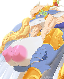 anthro areola arm_tuft armor big_breasts biped blue_body blue_claws blue_eyes blue_fur braided_hair breasts claws countershading curvy_figure elbow_tuft eyelashes female fur fur_tuft hair hand_on_own_arm huge_breasts jagged_mouth kemono looking_at_viewer mostly_nude mostly_nude_anthro mostly_nude_female nipples non-mammal_breasts non-mammal_nipples plate_armor side_view simple_background solo tan_hair thick_eyelashes tuft white_background white_body white_countershading beageiso mythology yu-gi-oh! saffira_queen_of_dragons dragon duel_monster mythological_creature mythological_scalie scalie 2025 absurd_res bust_portrait digital_drawing_(artwork) digital_media_(artwork) hi_res portrait shaded soft_shading